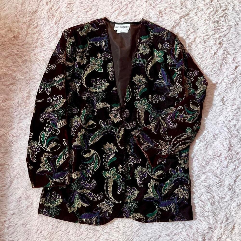 Vintage Velvet Embroidered Mardi Gras Floral Paisley Grandma Core Goblin‎ Blazer
